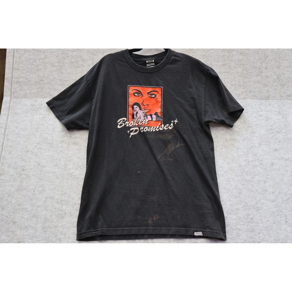 Broken Promises Mens Graphic‎ T-Shirt Black Streetwear Short Sleeve Size Large